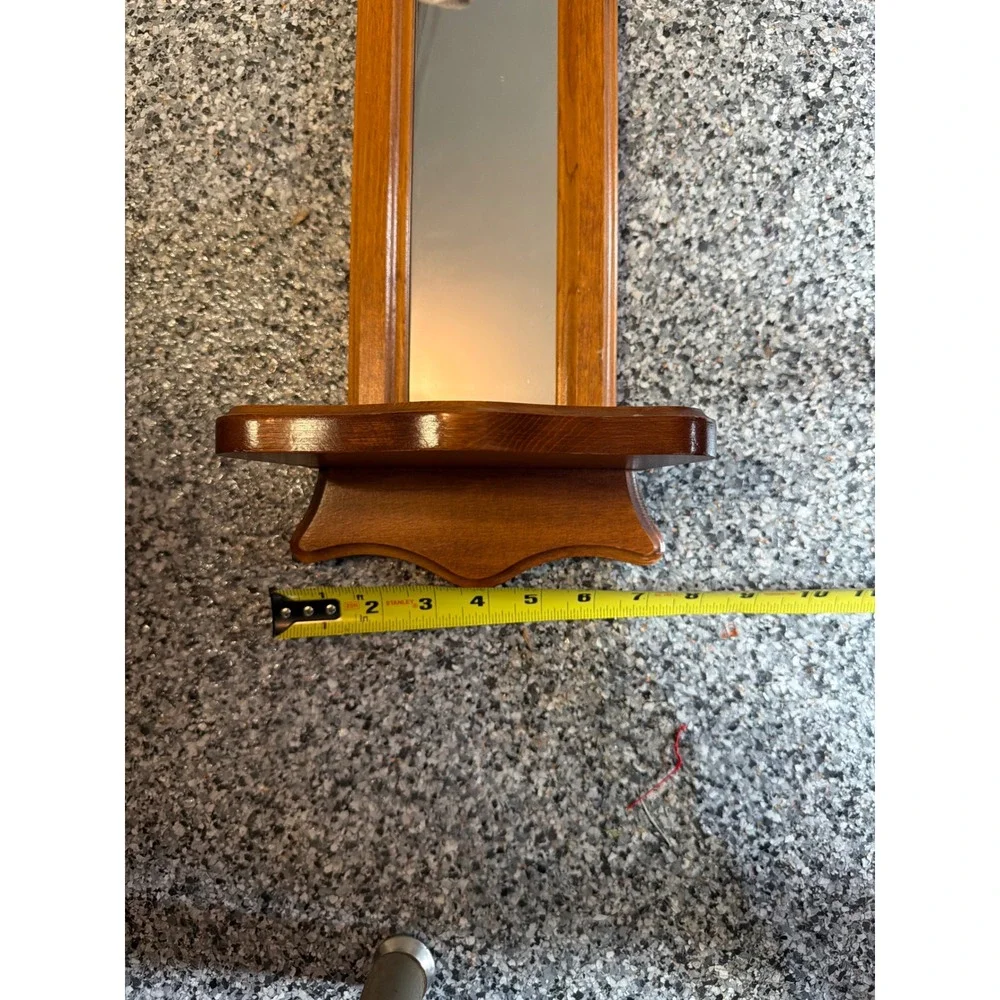 Vintage Wood Wall Mirror with Heart Cutout Crest and Shelf Brown Country Decor